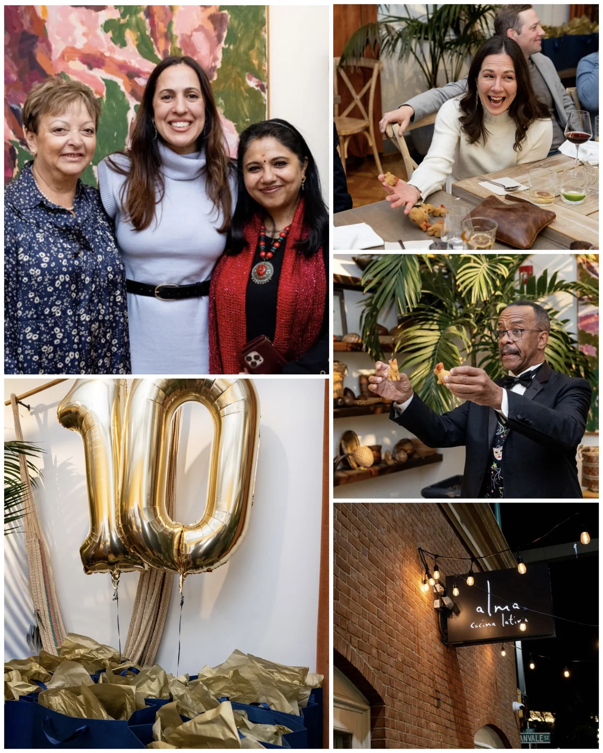 Team members, 10-year balloons, and the venue at Alma Cocina Latina
